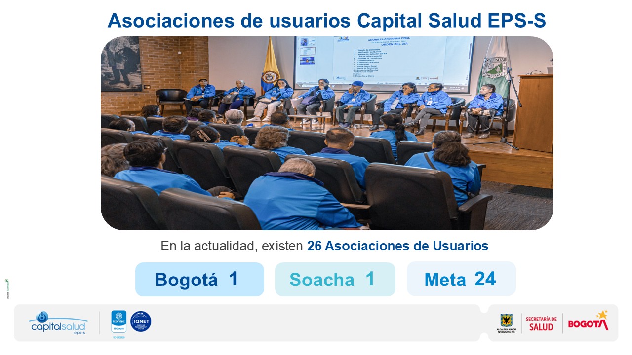 Imagen introductoria de la asociación de usuarios de capital salud EPS-S, en ella se ven los miembros de la asociación e informa que existen 26 participantes, uno en Bogotá, uno en Soacha veinticuatro en el meta 