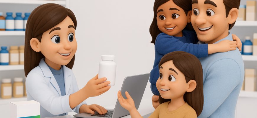 Ilustración de familia reclamando medicamentos