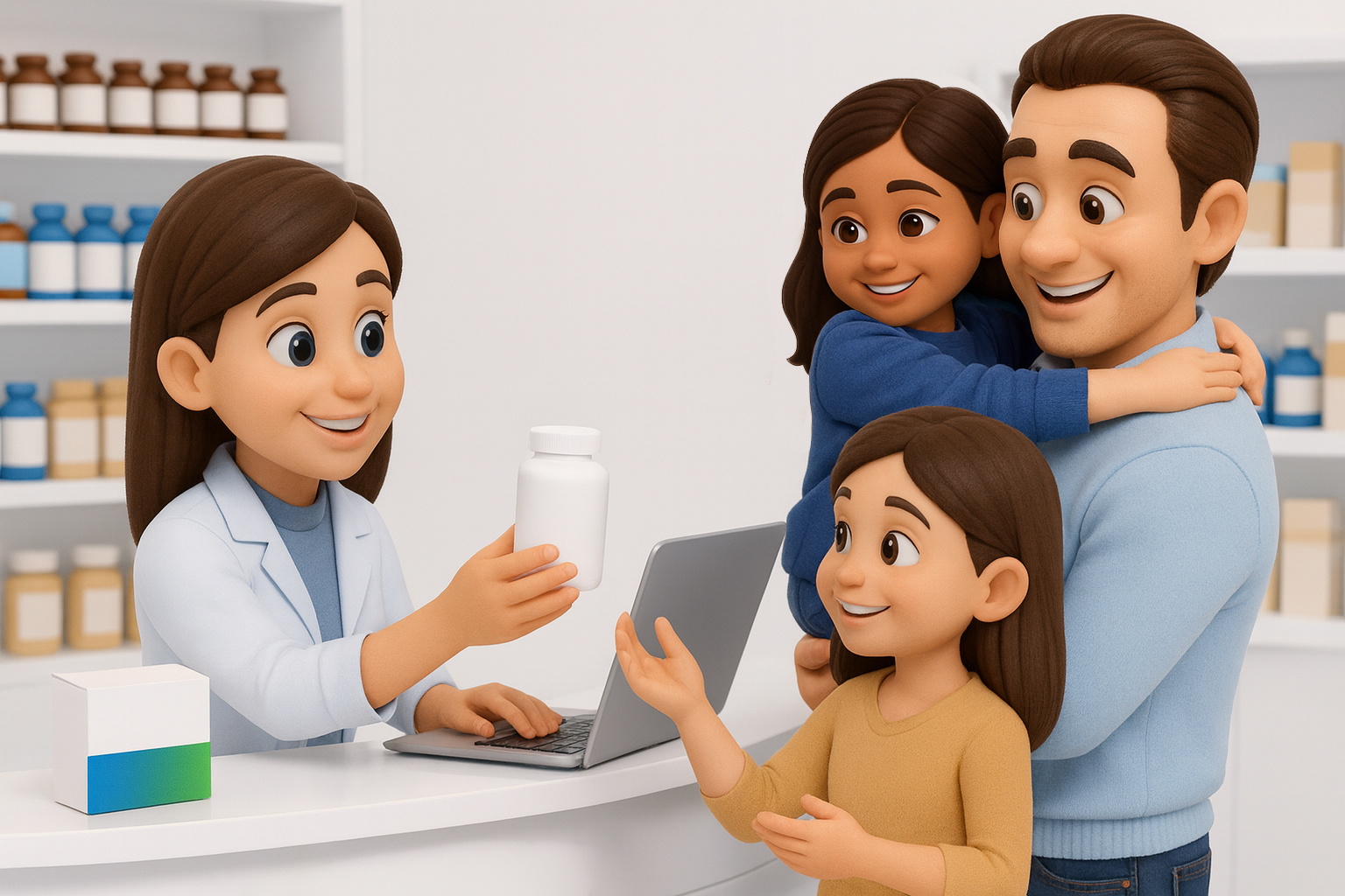 Ilustración de familia reclamando medicamentos